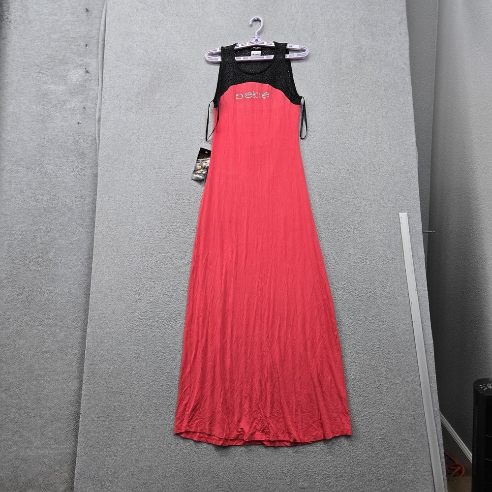 Bebe Women Dress M Red Maxi Dress Logo Bodycon Rhinestone Sleeveless Lined NWT